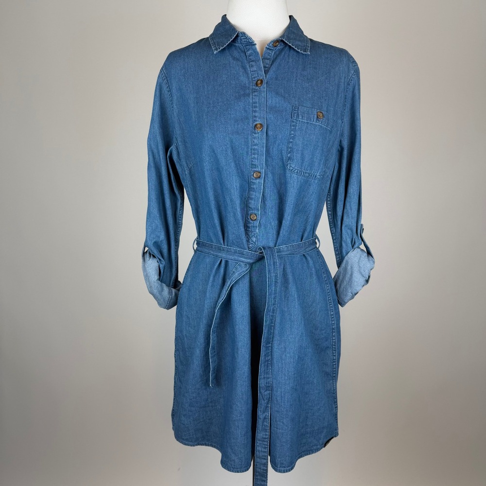 Field & Stream Blue Denim Shirt Dress Belt Cotton Vintage Americana Western Sz L